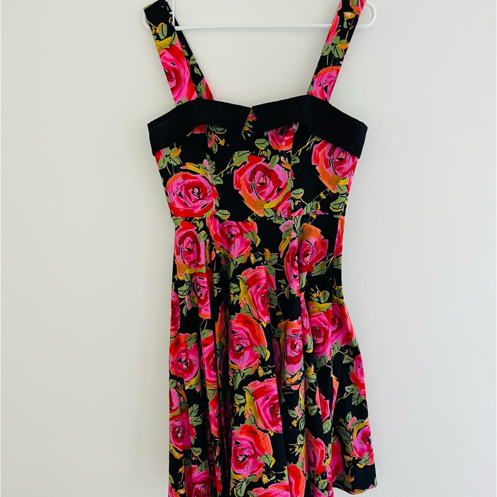 Retro A-line Tatyana Black and Pink Floral Midi Dress